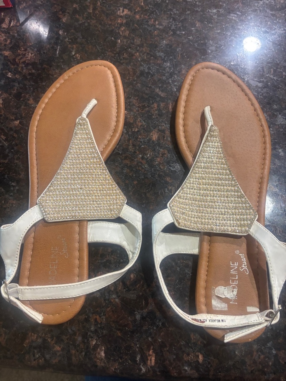 Madeline Stuart White and Tan Rhinestone T-Strap Sandals